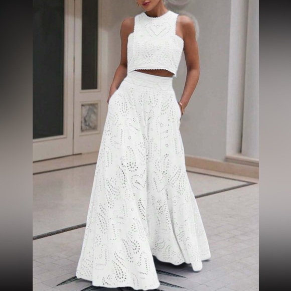 Dresses & Skirts - Boho Sheer Lace Hollow Out Lace Cropped Top and High Waist Maxi SET White
